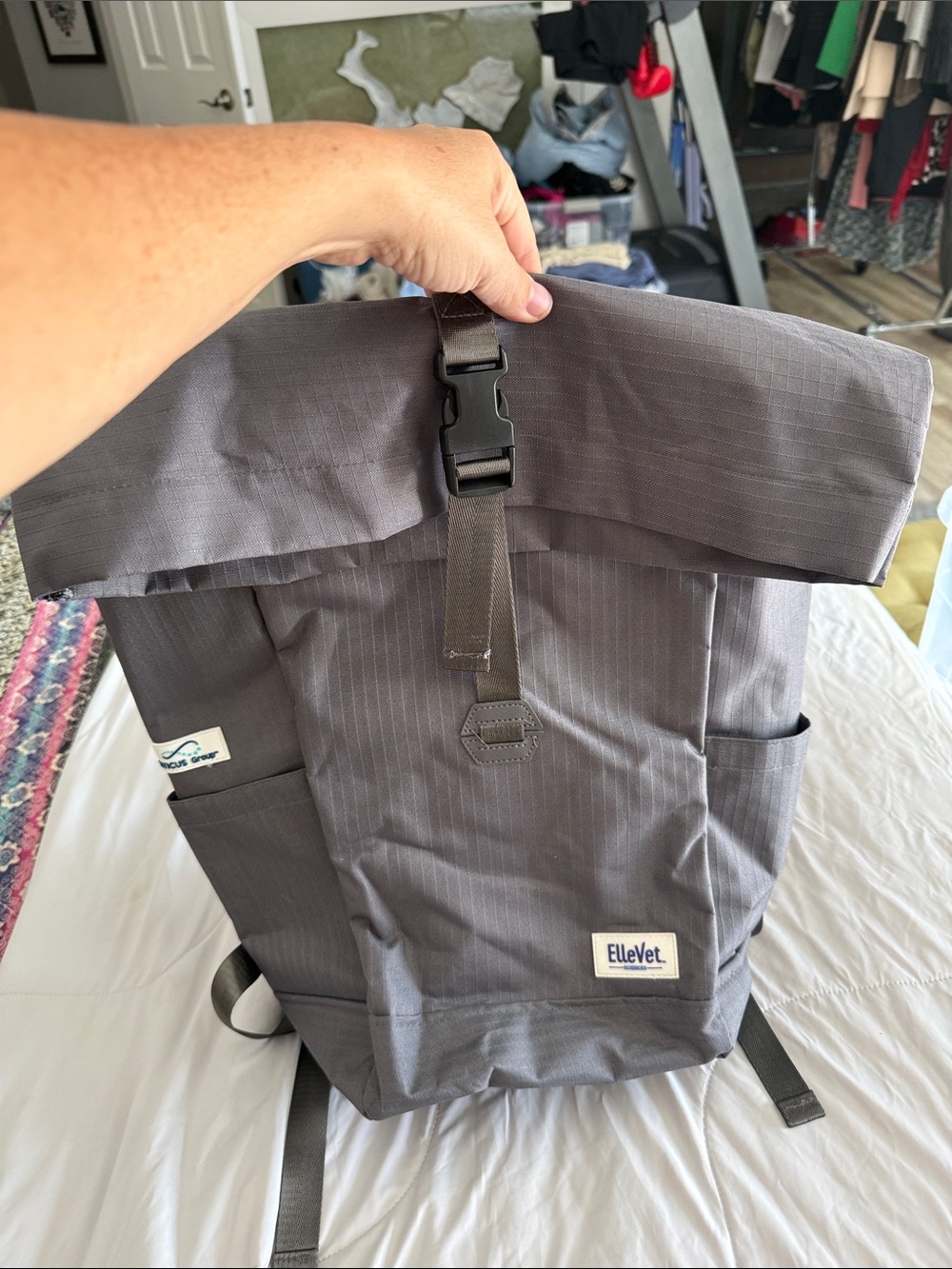 Gray Roll-Top Men's Backpack with Buckle Closure